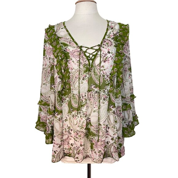 Cottagecore Sheer Ruffle Womens Lg Green Pink Paisley Floral Tunic Top Boho Ties - Picture 6 of 10